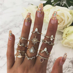 40 Styles Women Bohemian Vintage Crown Wave Flower Heart Lotus Star Leaf Crystal Opal Joint Ring Party Jewelry Silver Rings Set