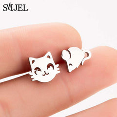 SMJEL Stainless Steel Mickey Stud Earrings for Women Girls Minimalist Fox Cat Hedgehog Earings Jewelry Animal Accessories Gifts