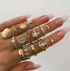 40 Styles Women Bohemian Vintage Crown Wave Flower Heart Lotus Star Leaf Crystal Opal Joint Ring Party Jewelry Silver Rings Set