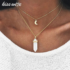 KISSWIFE Fashion Bohemia 1 PCS Natural Stone Moon Choker Gold Color Crystal Pendant Necklace For Women Wedding Party Gift