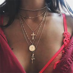 Women Bohemian Retro Round Cross Rose Pendant Gold Clavicle Chain Personality Multilayer Necklace Set Fashion Birthday Gift