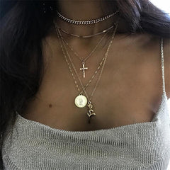 Women Bohemian Retro Round Cross Rose Pendant Gold Clavicle Chain Personality Multilayer Necklace Set Fashion Birthday Gift