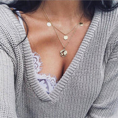 Fashion round sequined multi-layer pendant necklace ladies retro gold silver world map charm, ladies jewelry necklace