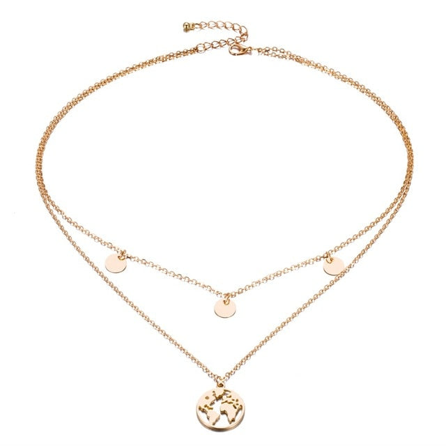 Fashion round sequined multi-layer pendant necklace ladies retro gold silver world map charm, ladies jewelry necklace