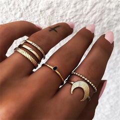 IPARAM Bohemian Vintage Gold Crescent Geometric Joint Ring Set for Women Crystal Personality Design Ring Set Party Jewelry Gift