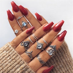 IPARAM Bohemian Vintage Gold Crescent Geometric Joint Ring Set for Women Crystal Personality Design Ring Set Party Jewelry Gift
