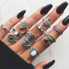 IPARAM Bohemian Vintage Gold Crescent Geometric Joint Ring Set for Women Crystal Personality Design Ring Set Party Jewelry Gift