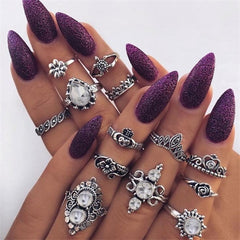 IPARAM Bohemian Vintage Gold Crescent Geometric Joint Ring Set for Women Crystal Personality Design Ring Set Party Jewelry Gift